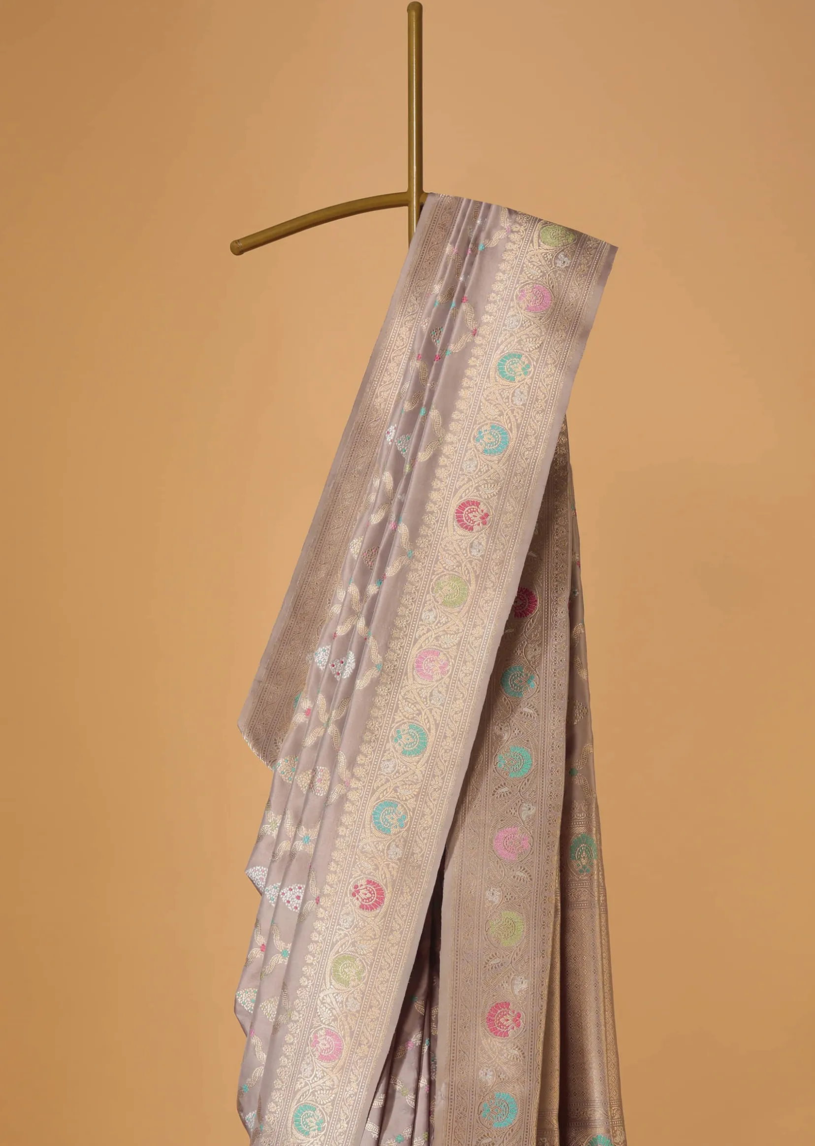 Cloud Grey Handloom Banarasi Saree In Katan Silk With 3-Gram Real Zari Weave And Unstitched Blouse