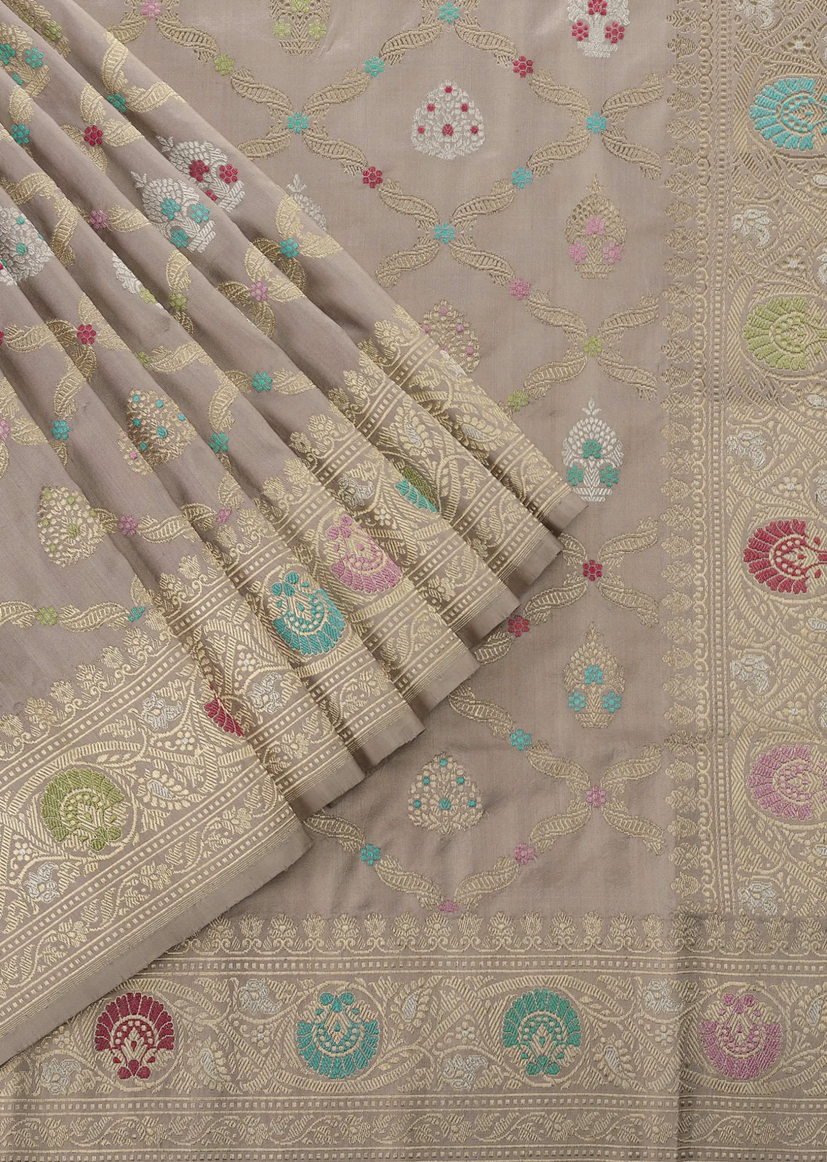 Cloud Grey Handloom Banarasi Saree In Katan Silk With 3-Gram Real Zari Weave And Unstitched Blouse
