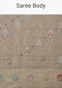 Cloud Grey Handloom Banarasi Saree In Katan Silk With 3-Gram Real Zari Weave And Unstitched Blouse