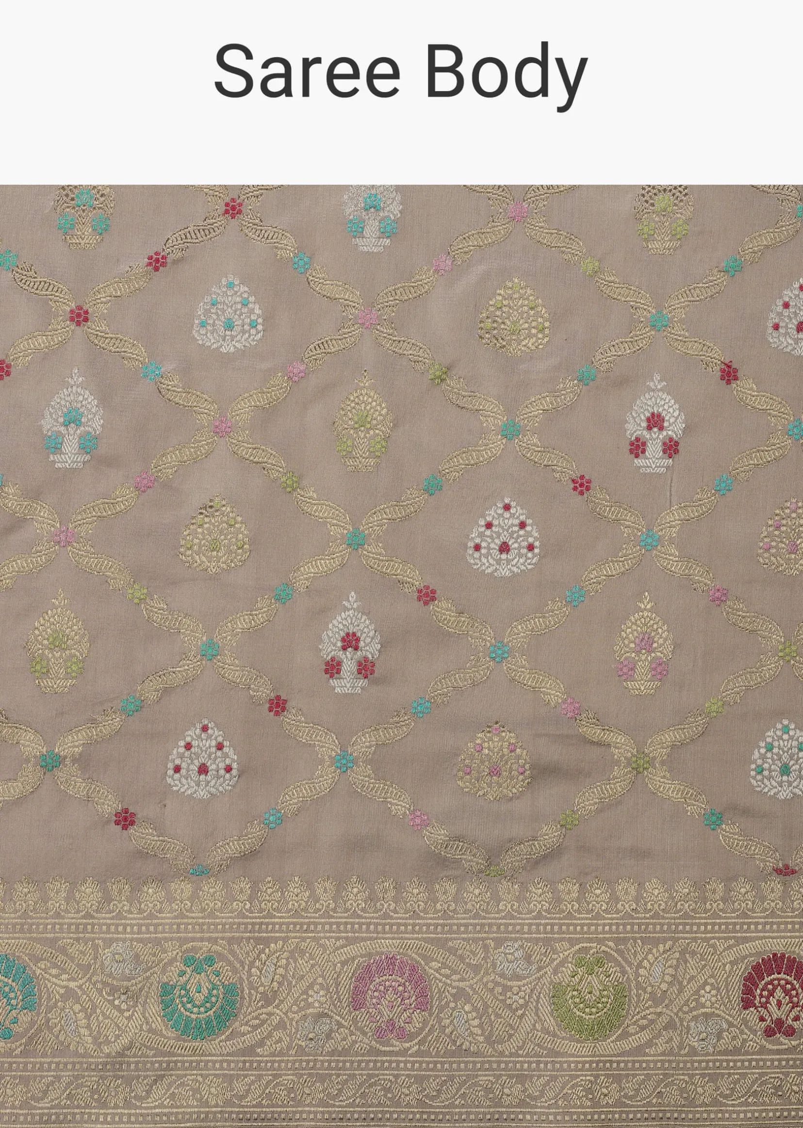 Cloud Grey Handloom Banarasi Saree In Katan Silk With 3-Gram Real Zari Weave And Unstitched Blouse