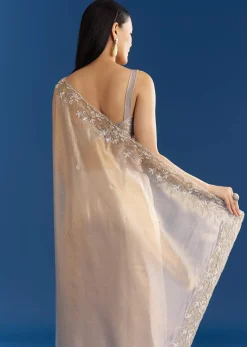 Cloud Grey Organza Tissue Saree With Embellished Border