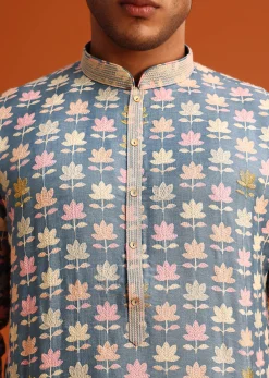 Cobalt Blue Printed Silk Kurta And Pant Set
