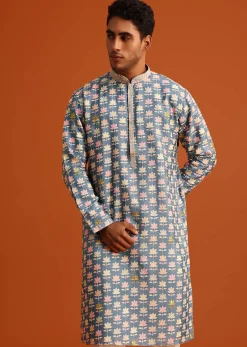 Cobalt Blue Printed Silk Kurta And Pant Set