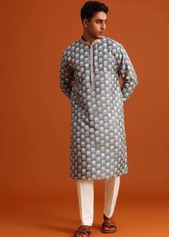Cobalt Blue Printed Silk Kurta And Pant Set