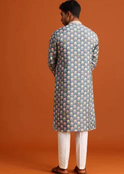 Cobalt Blue Printed Silk Kurta And Pant Set