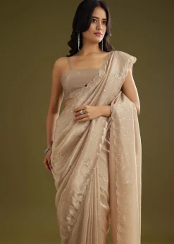 Coffee Brown Crushed Tissue Saree With Embroidered Scallop Border
