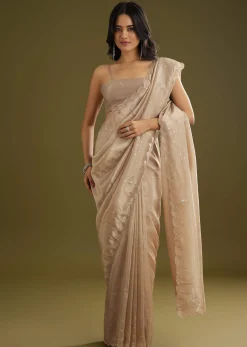 Coffee Brown Crushed Tissue Saree With Embroidered Scallop Border
