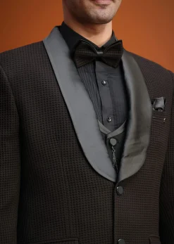 Coffee Brown Knit Tuxedo Set With Waistcoat And Bow