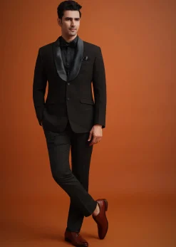 Coffee Brown Knit Tuxedo Set With Waistcoat And Bow