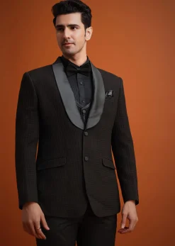Coffee Brown Knit Tuxedo Set With Waistcoat And Bow