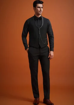 Coffee Brown Knit Tuxedo Set With Waistcoat And Bow