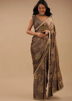 Coffee Brown Satin Saree With Floral Print And Blouse With Stone Work