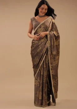 Coffee Brown Satin Saree With Floral Print And Blouse With Stone Work