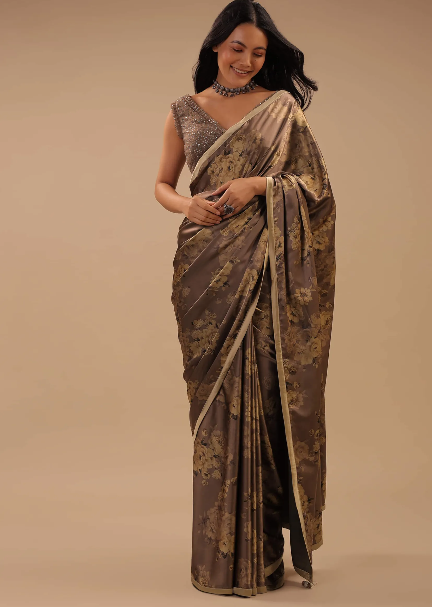 Coffee Brown Satin Saree With Floral Print And Blouse With Stone Work