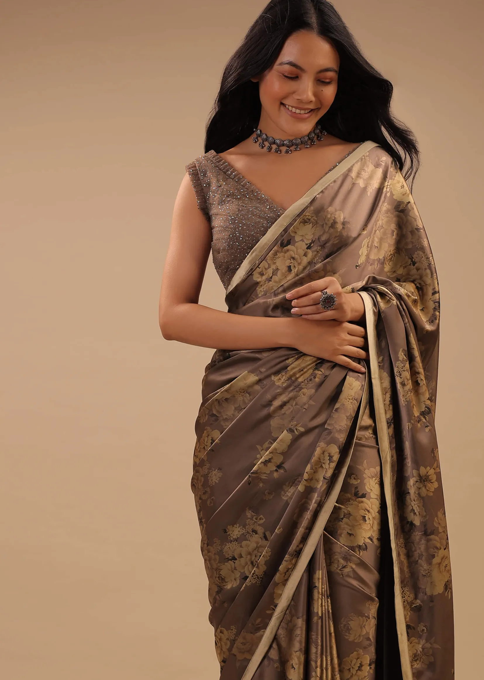 Coffee Brown Satin Saree With Floral Print And Blouse With Stone Work