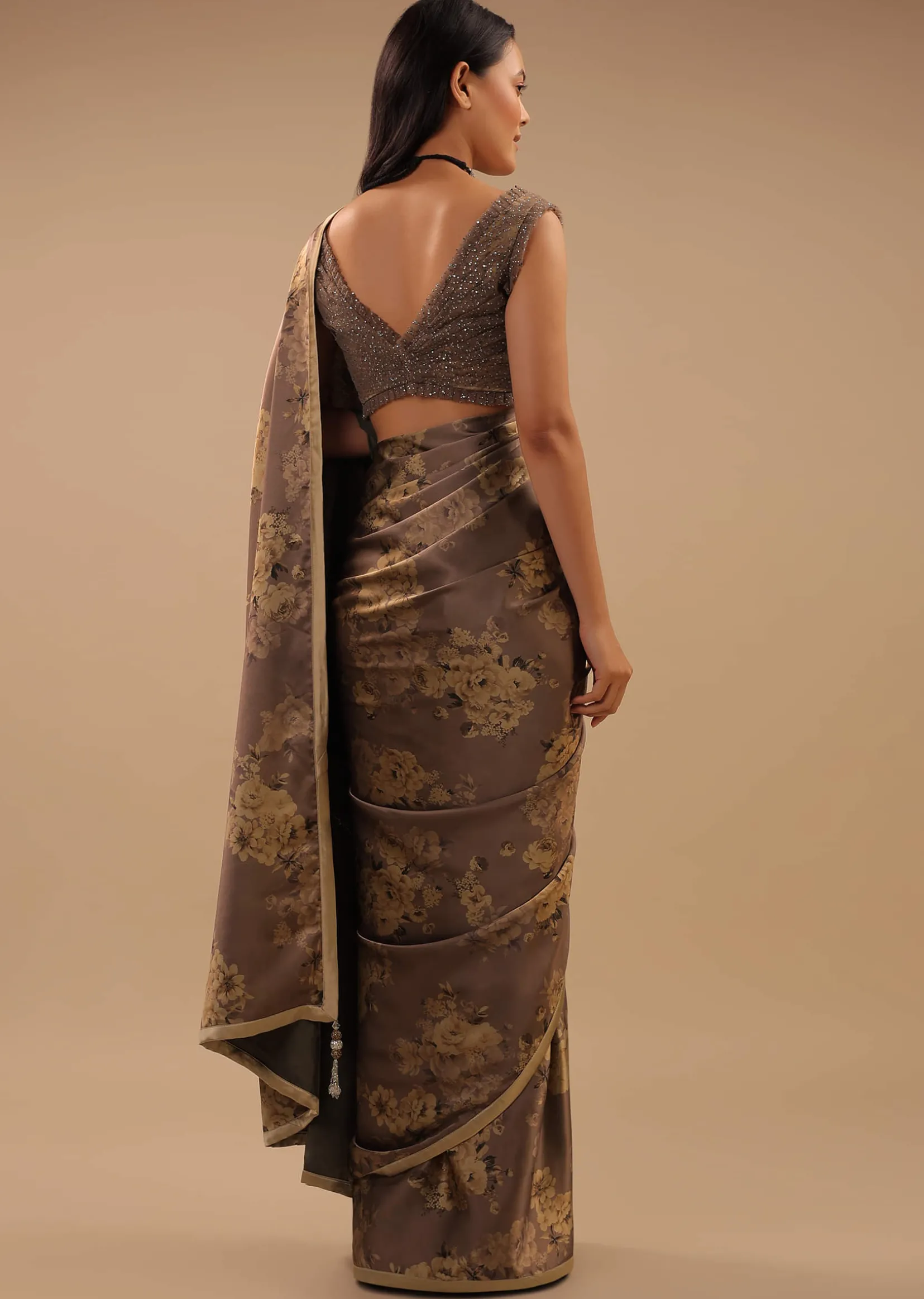 Coffee Brown Satin Saree With Floral Print And Blouse With Stone Work