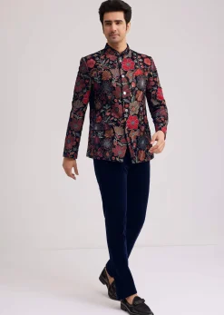 Coffee Brown Velvet Jodhpuri Set With Floral Embroidery