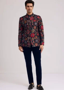 Coffee Brown Velvet Jodhpuri Set With Floral Embroidery