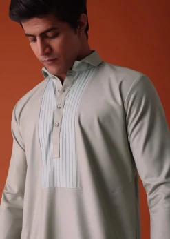 Cool Grey Pathani Kurta Set in Terry Rayon With Yoke Detailing