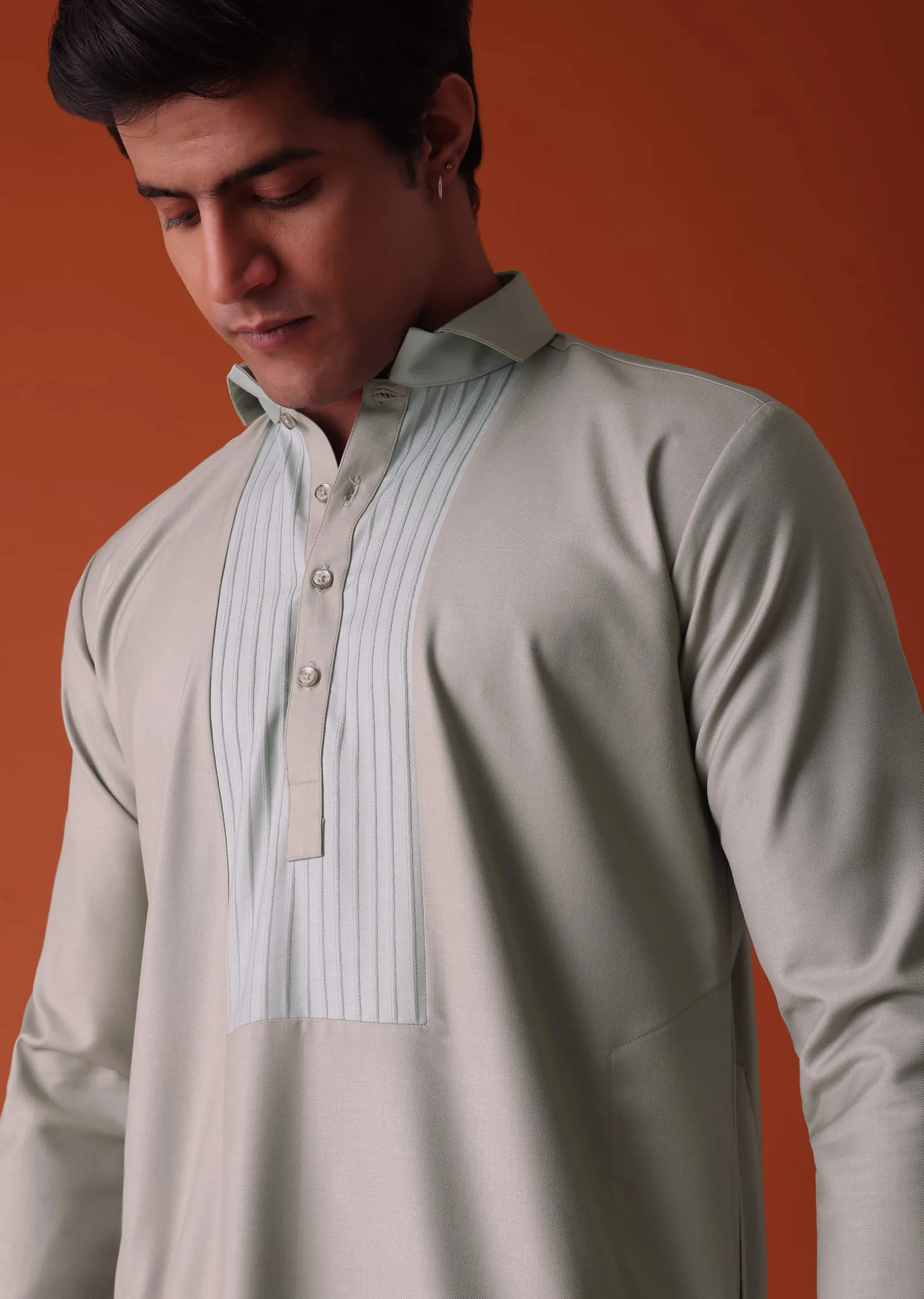 Cool Grey Pathani Kurta Set in Terry Rayon With Yoke Detailing