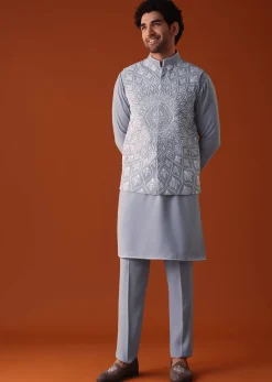 Cool Grey Thread Embroidered Bandi Jacket Set In Polyster Fabric