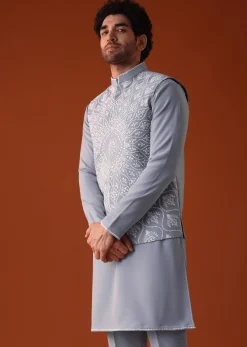 Cool Grey Thread Embroidered Bandi Jacket Set In Polyster Fabric