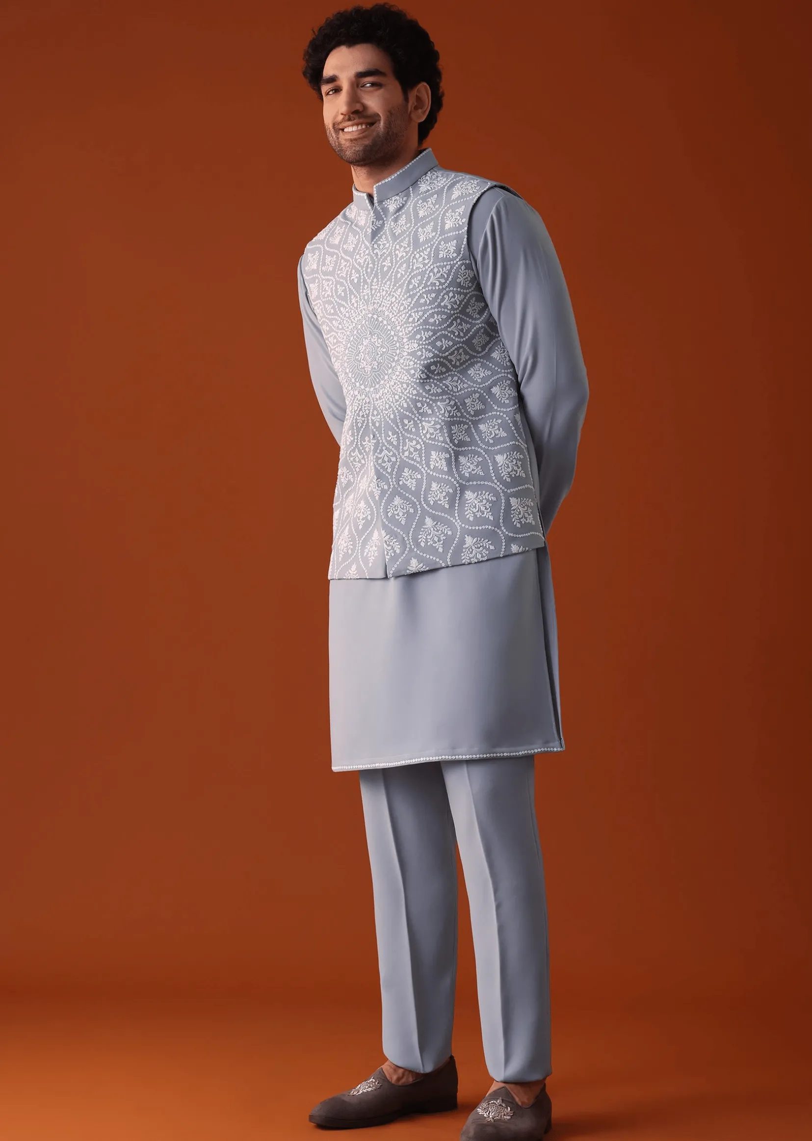 Cool Grey Thread Embroidered Bandi Jacket Set In Polyster Fabric