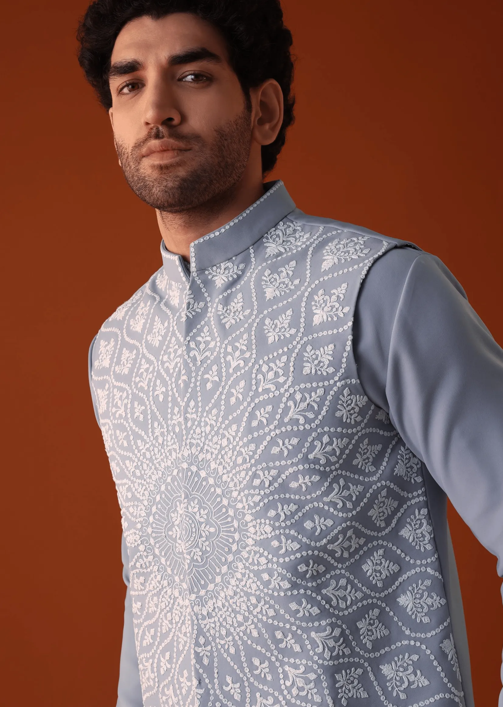 Cool Grey Thread Embroidered Bandi Jacket Set In Polyster Fabric
