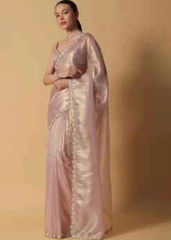 Copper Brown Foil Saree In Tissue With Cut Dana Embroidered Borders