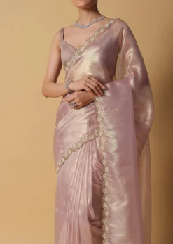 Copper Brown Foil Saree In Tissue With Cut Dana Embroidered Borders