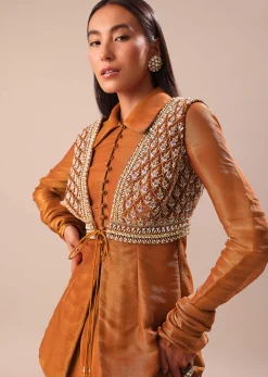 Copper Brown Kurta With Embroidered Jacket And Dhoti