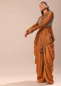 Copper Brown Kurta With Embroidered Jacket And Dhoti