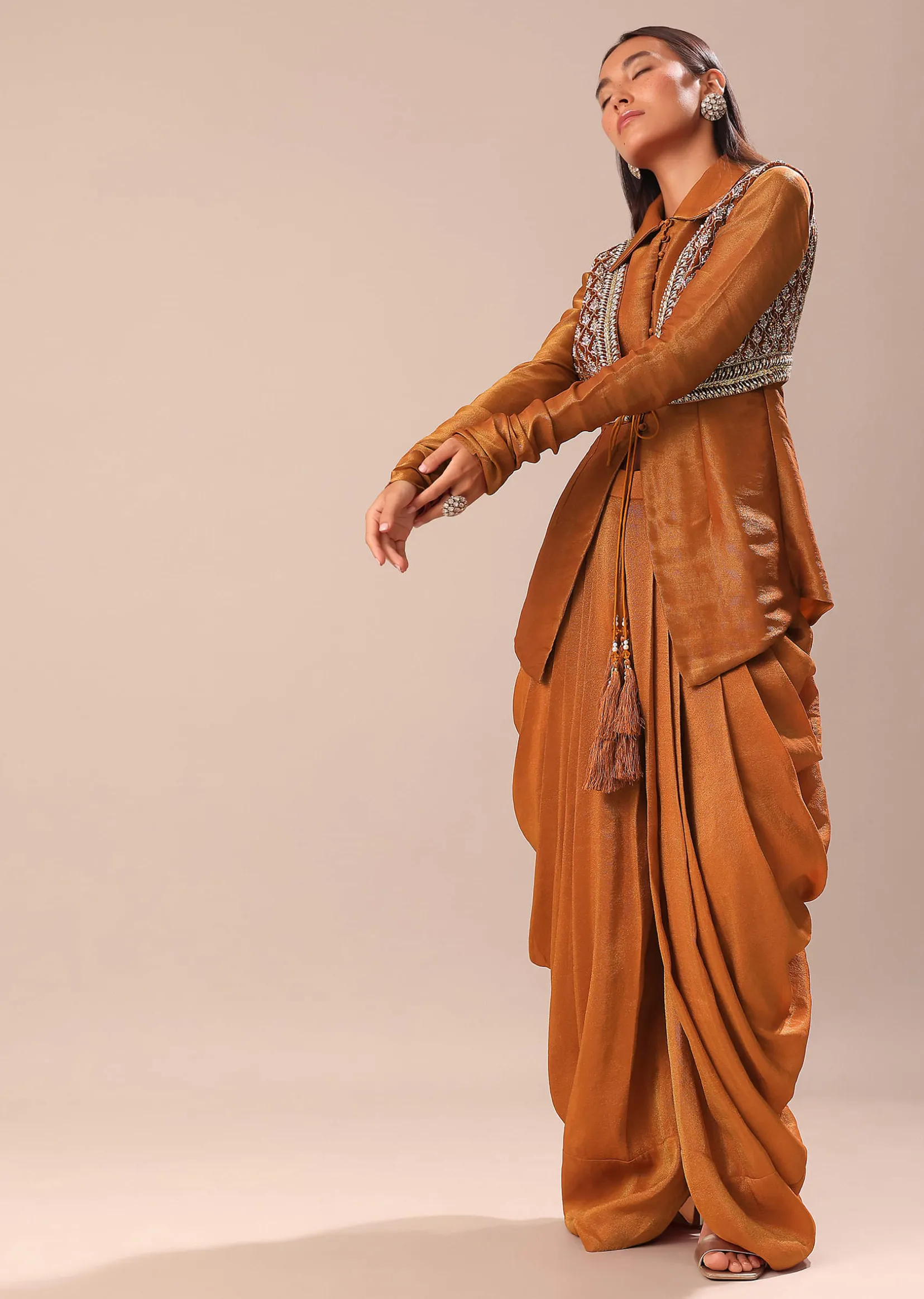 Copper Brown Kurta With Embroidered Jacket And Dhoti