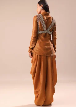 Copper Brown Kurta With Embroidered Jacket And Dhoti