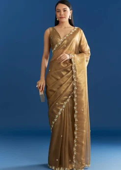 Copper Brown Organza Tissue Saree With Beaded Border
