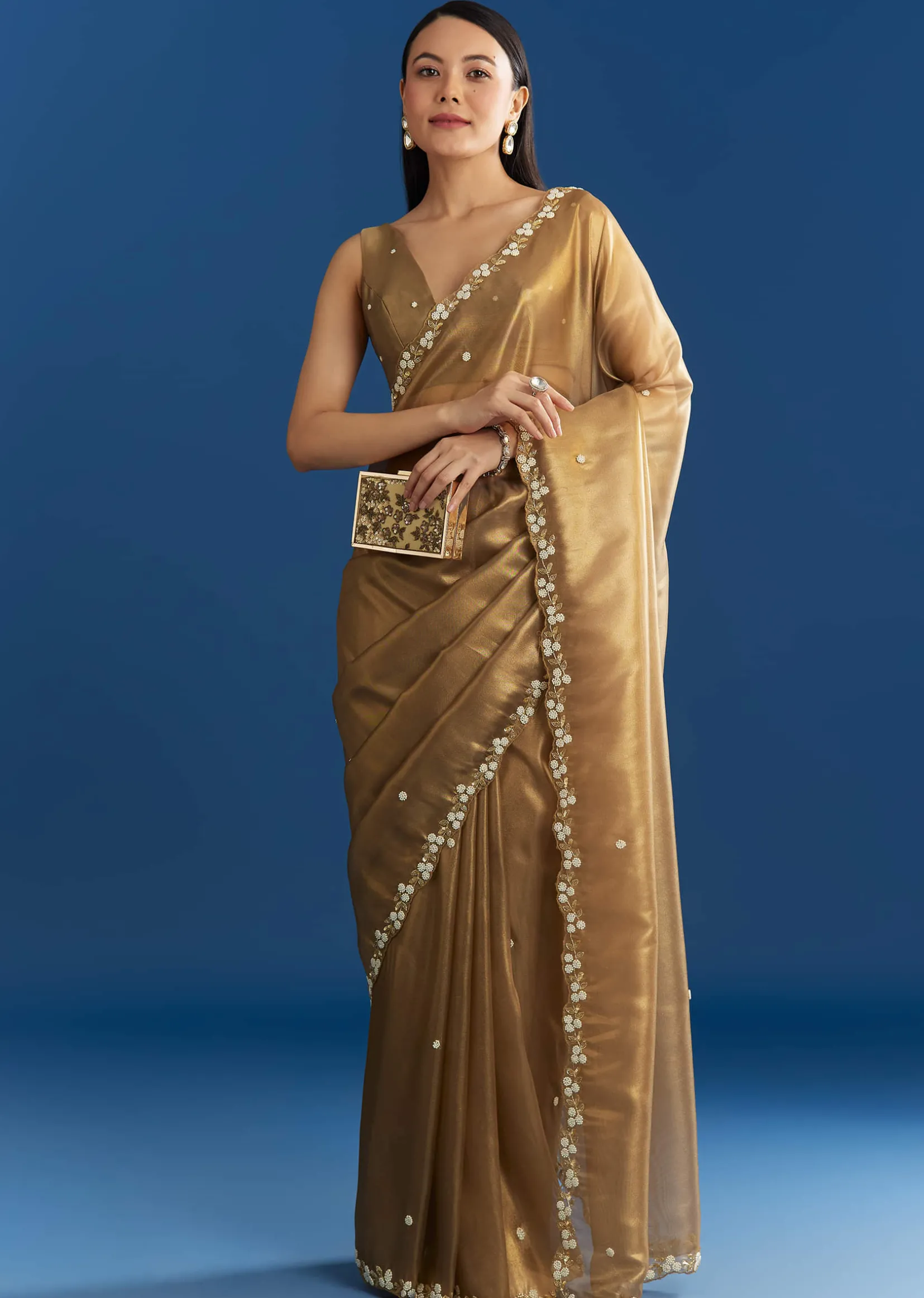 Copper Brown Organza Tissue Saree With Beaded Border