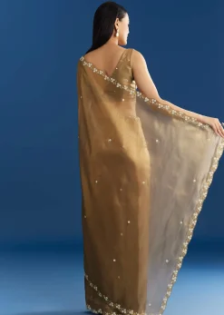 Copper Brown Organza Tissue Saree With Beaded Border