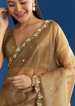 Copper Brown Organza Tissue Saree With Beaded Border