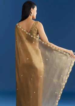 Copper Brown Organza Tissue Saree With Beaded Border