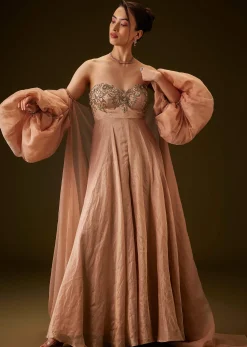 Copper Embroidered Bodice Jumpsuit With Puff Sleeve Jacket