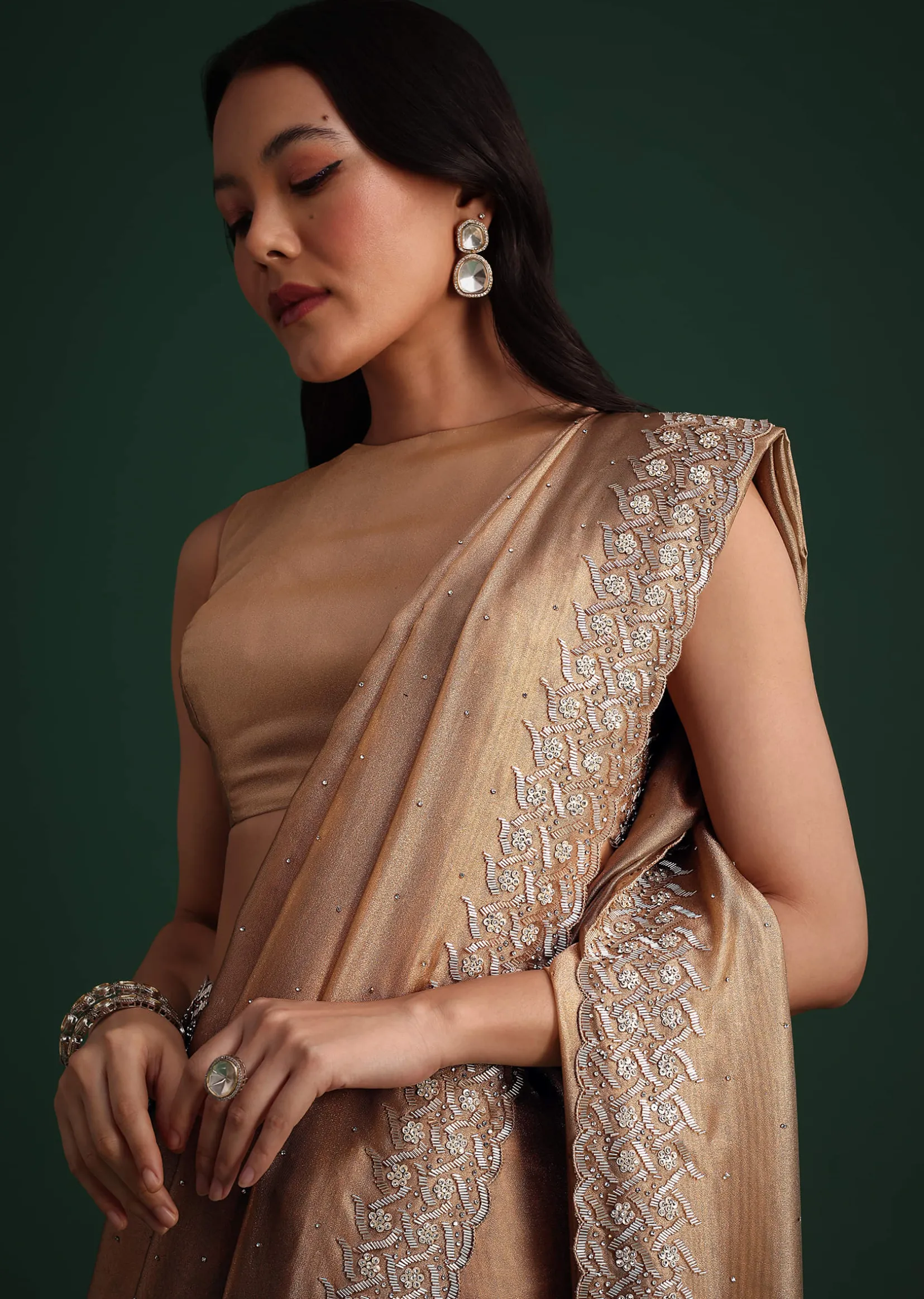 Copper Tissue Cutdana And Stone Embroidered Saree