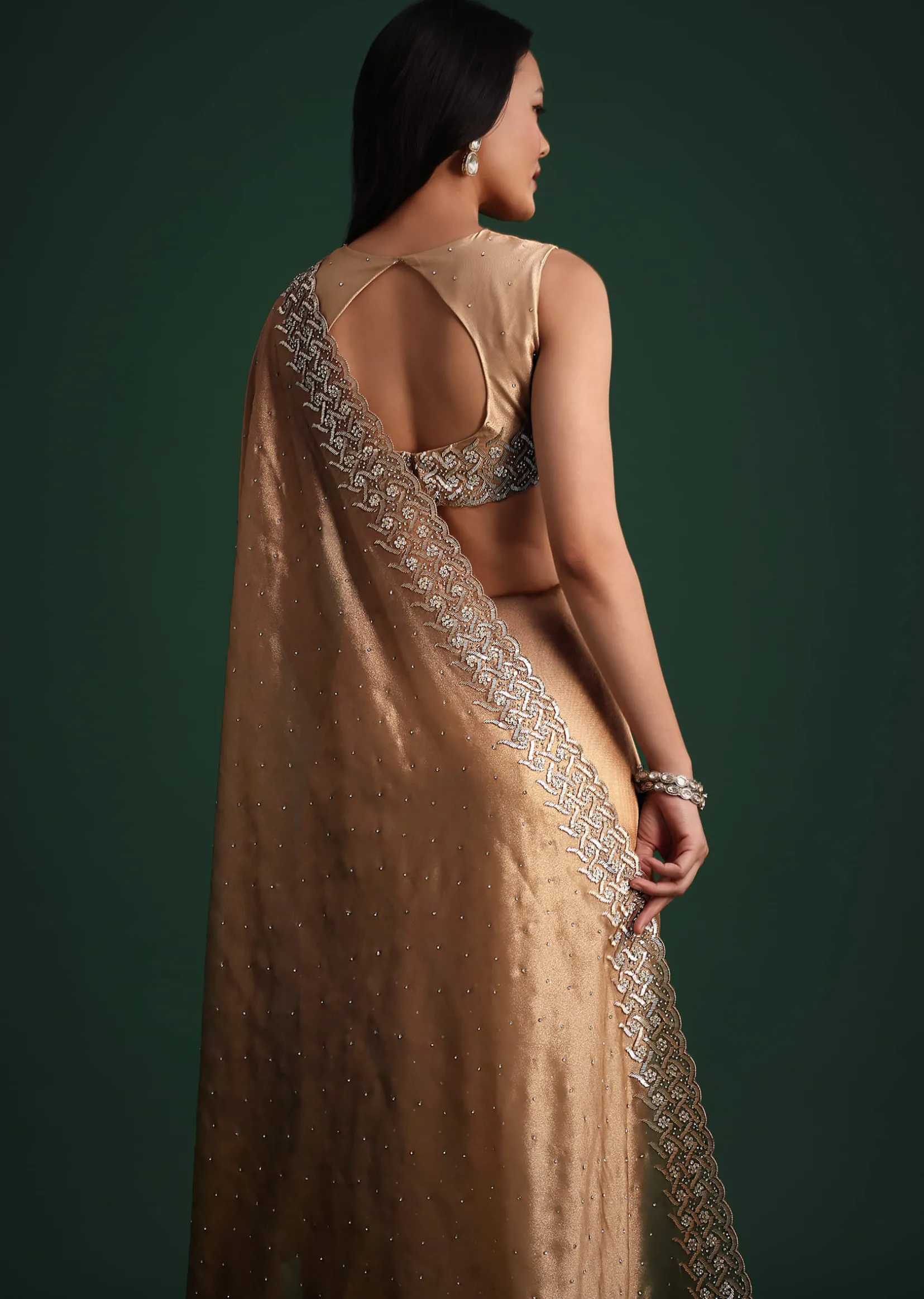Copper Tissue Cutdana And Stone Embroidered Saree
