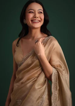 Copper Tissue Saree With Cutdana And Stone Embroidery