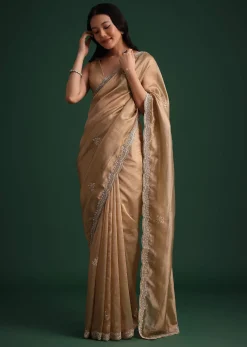 Copper Tissue Saree With Cutdana And Stone Embroidery