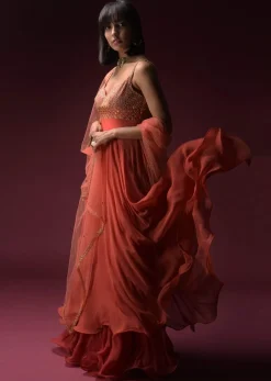 Coral Anarkali Suit With Geometric Shaped Mirror Accented Bodice And Fun Layered Hemline