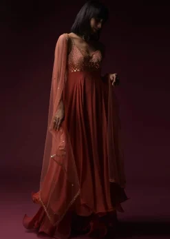 Coral Anarkali Suit With Geometric Shaped Mirror Accented Bodice And Fun Layered Hemline