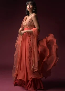 Coral Anarkali Suit With Geometric Shaped Mirror Accented Bodice And Fun Layered Hemline