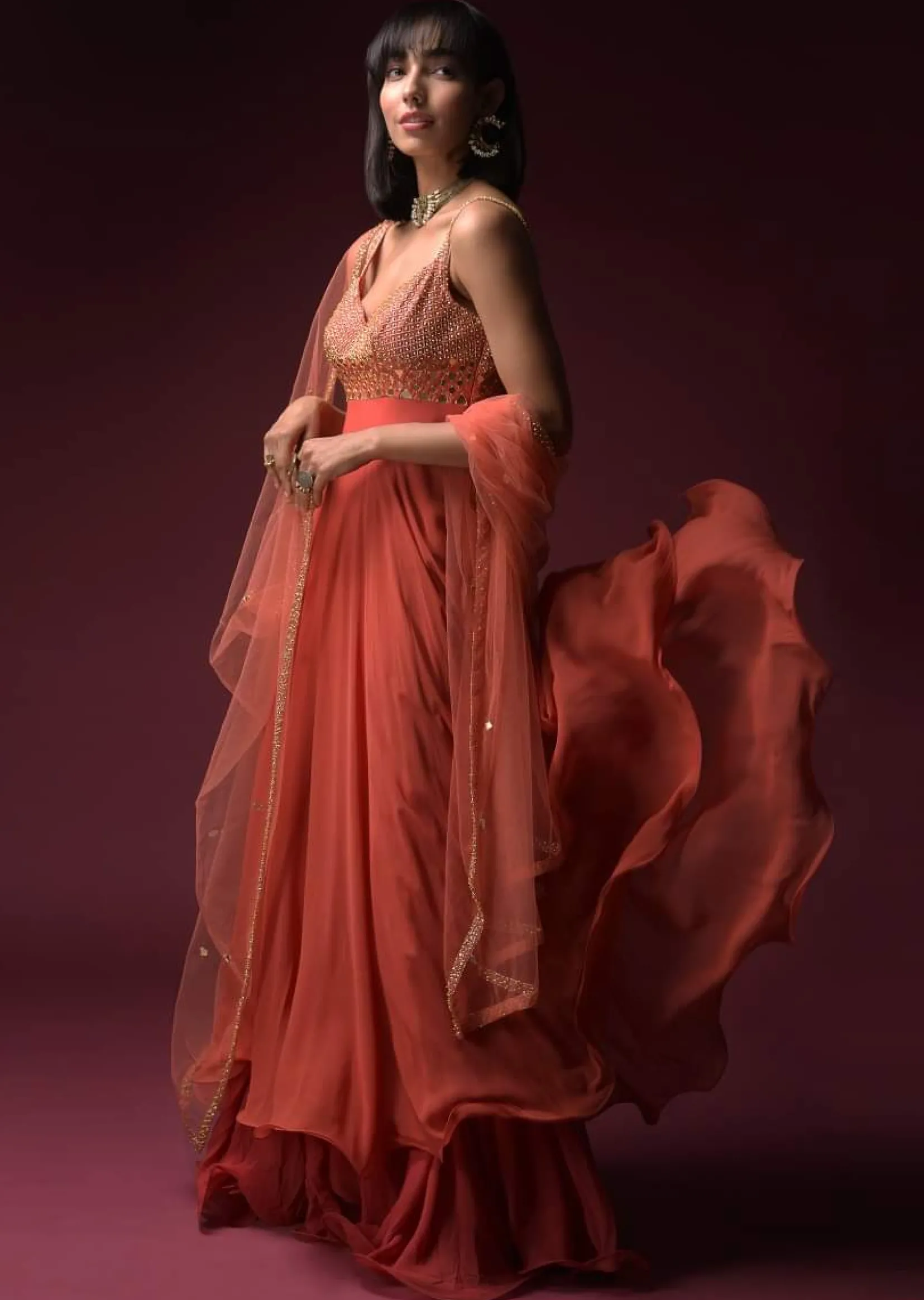 Coral Anarkali Suit With Geometric Shaped Mirror Accented Bodice And Fun Layered Hemline