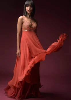 Coral Anarkali Suit With Geometric Shaped Mirror Accented Bodice And Fun Layered Hemline