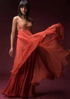 Coral Anarkali Suit With Geometric Shaped Mirror Accented Bodice And Fun Layered Hemline